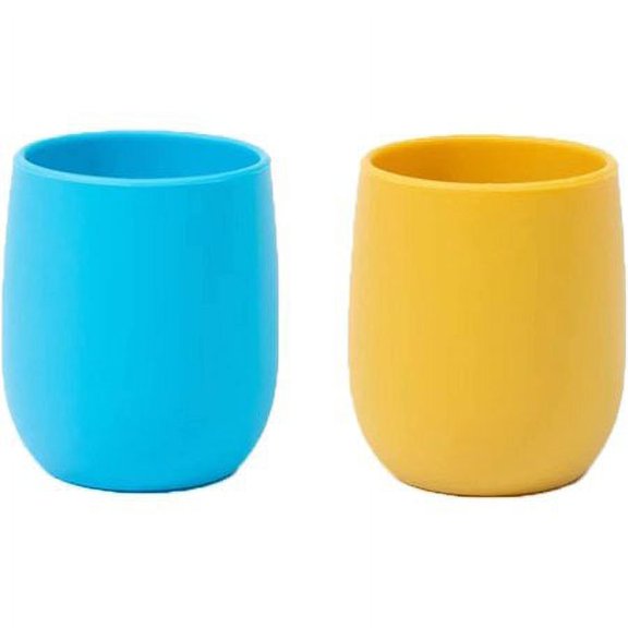 Toddler Cups Silicone Training Cup for Infants and Toddlers, Kids Mini Open Cups, NO BPA, 100% Silicone for Baby Led Weaning & Independent Drinking 3oz, 2 Count, 4 Month+ (Baby Blue/Yellow)
