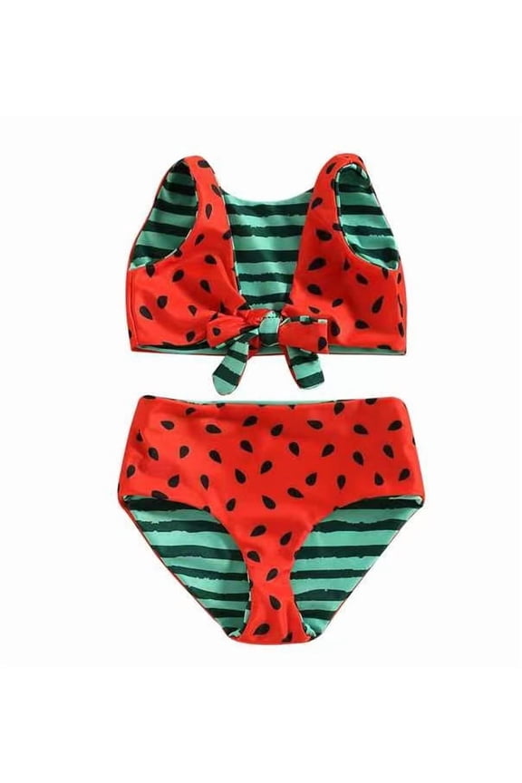 Toddler Cute 2 Piece Swimsuits Girls Summer Tie Knot Back Bikinis Swimwear Bottoms Watermelon Sweet Bathing Suit, Red, 2 Years