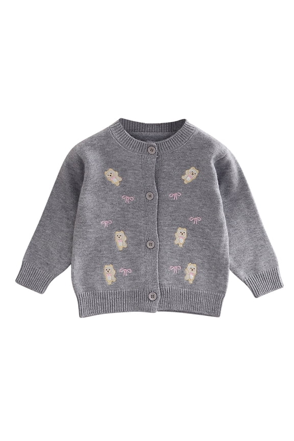 Toddler Cute Cardigan Sweater Girls Bear Embroidered Knit Cardigans Lightweight Button down Sweaters Tops Gray, 4 Y