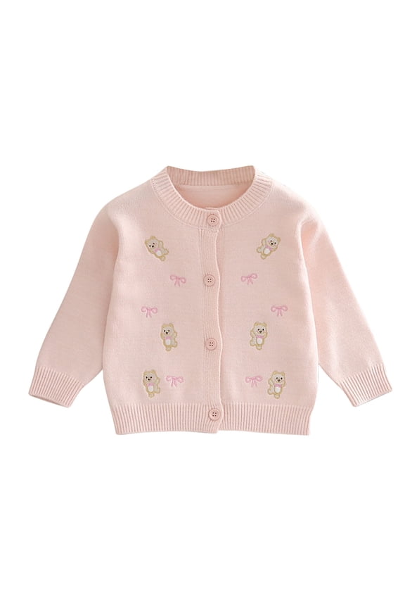 Toddler Cute Cardigan Sweater Girls Bear Embroidered Knit Cardigans Lightweight Button down Sweaters Tops Pink, 4 Y