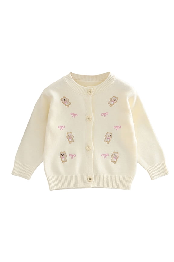Toddler Cute Cardigan Sweater Girls Bear Embroidered Knit Cardigans Lightweight Button down Sweaters Tops White, 4 Y
