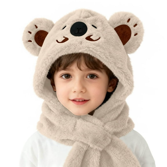 Toddler Cute Hooded Scarf Girls Boys Fleece Animal Ear Protection Hat Scarf Soft Fuzzy Cold Weather Cozy Hat White, 2 Years