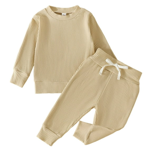 Toddler Cute Outfits Girls Boys Long Sleeve Ribbed Solid Color Tops Pants 2Pcs Clothes Baby Winter Clothing Set Beige 100