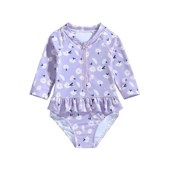 Toddler Cute Rash Guard Swimsuits Girls One Piece Ruffle Butt Bathing Suit Long Sleeve Cute Summer Vacation Beachwear Purple, 5 Years