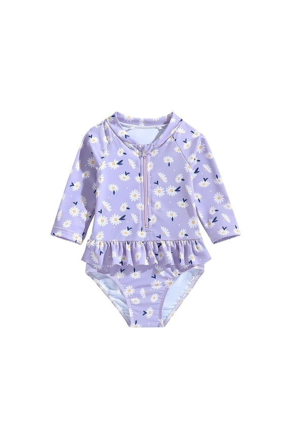 Toddler Cute Rash Guard Swimsuits Girls One Piece Ruffle Butt Bathing Suit Long Sleeve Cute Summer Vacation Beachwear Purple, 5 Years