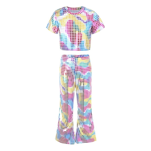 Toddler Dance Sequin Pink Dance Short Sleeve Top and Flared Pants Two Piece Outfit Set Jazz Dance Stage Performance Outerwear 18-24 Months