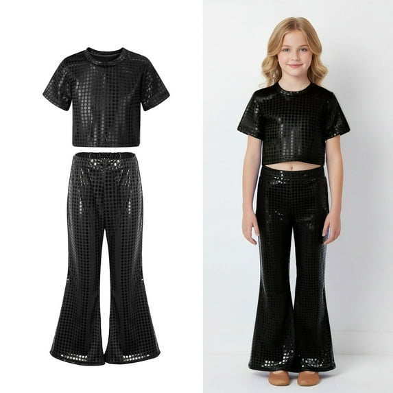 Toddler Dance for Girls Sequin Black Dance Short Sleeve Top and Flared Pants Two Piece Outfit Set Girls 90s Outfit Stage Performance Outerwear 3-4 Years