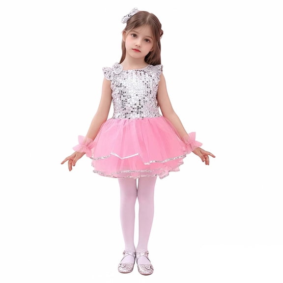 Toddler Dance for Girls Sequin Dance Puff Sleeve Tutu Dress Outfit Set Dance Jazz Street Dance Outerwear 3-4 Years