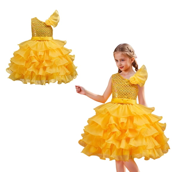 Toddler Dance Costumes for Girls Yellow Sequin Dress Tulle Dance Dresses Dance Costumes 90s Outfit for Kids Dance Performance Outerwear 3-4 Years
