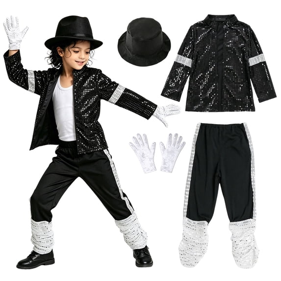Toddler Dance Outfits Jazz 4Pcs Kids Pop Star 𝐂ostume for Boys,Set for Disco Party,School,| Outfits with Sequin Hat Sunglasses Gloves