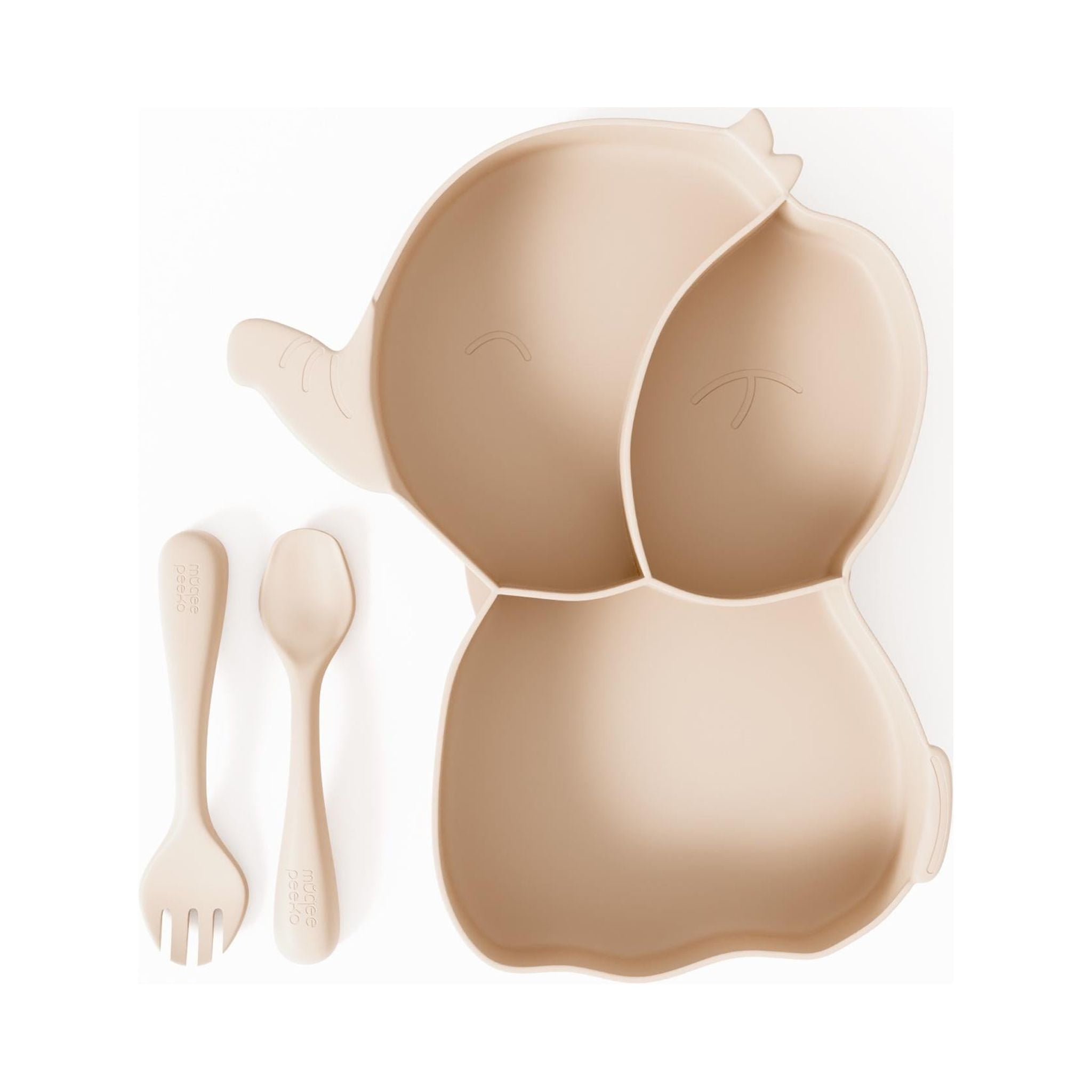 Toddler Dinnerware Set by Muqee Peeko in Beige Color with Suction Tray and Baby Utensils - (3 Piece Set)