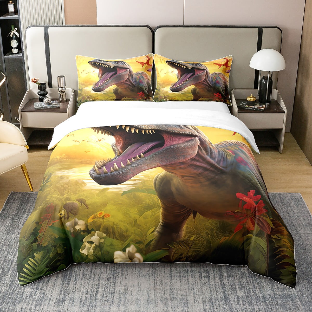 Toddler Dinosaur Bed Set Green Leaves 100 Natural Cotton Duvet Cover King Size, Dino Bedding
