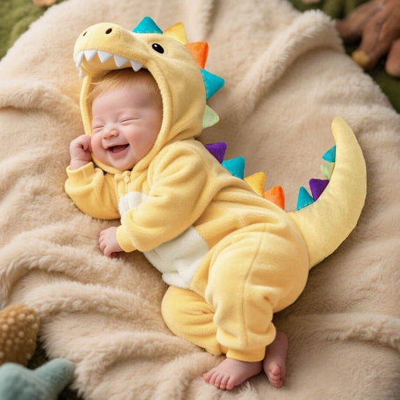 Toddler Dinosaur Hooded Romper Halloween Dinosaur Dress Up Outfits (Yellow)