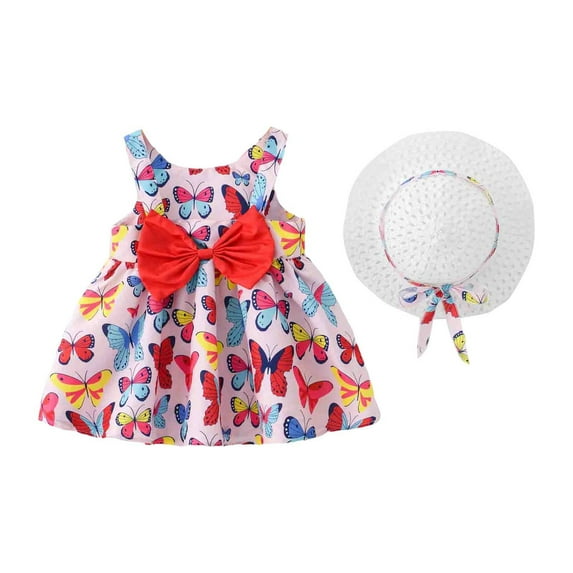 Toddler Dress Baby Girl Summer Sleeveless Tutu Dress Backless Birthday Party Princess Dresses with Straw Hat Set Toddler Dresses Pink 18 Months-24 Months