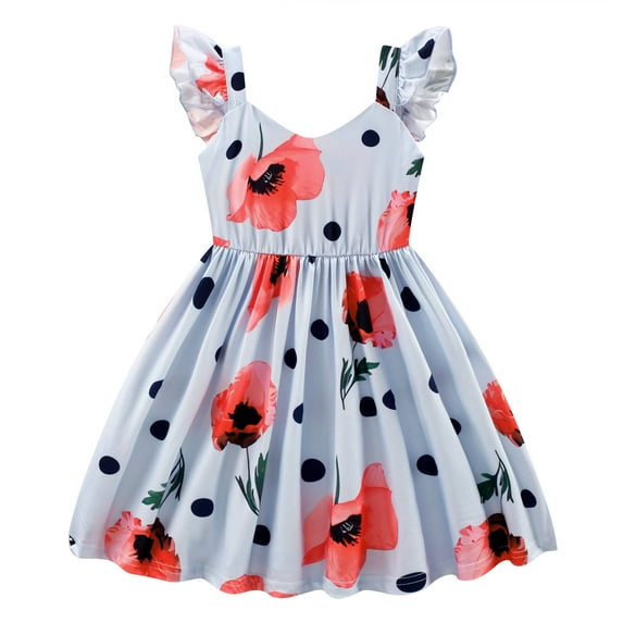 Toddler Dress Girls Blue Floral Summer Dresses Size 5T Boho Flutter Sleeve Sleeveless Birthday Sundress (574-5)