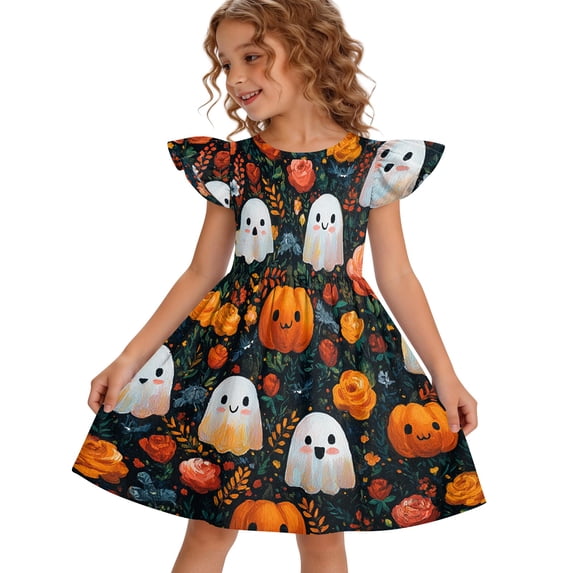 Toddler Dress Halloween Ghost Pumpkin Printed Tiered Flutter Sleeve Dress Lightweight Summer Halloween Wear for Baby Girls 4–12Y