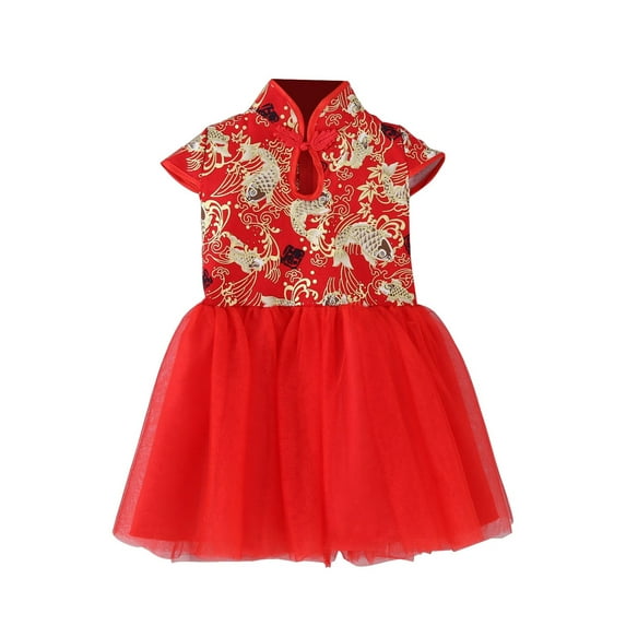 Toddler Dress Holiday Chinese Qipao Short Sleeve Flowers Princess Dress Dresses for Girls Hot Pink 7-8 Years
