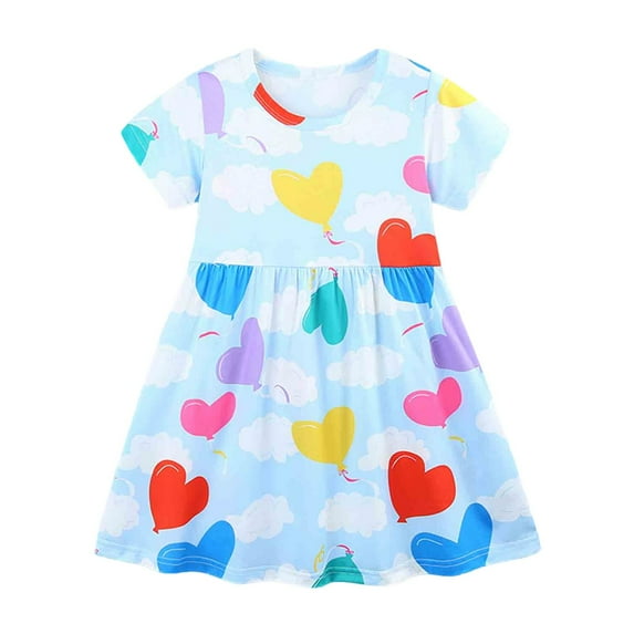 Toddler Dress Kids Baby Girls Summer Striped Print Bird Embroidered Short Sleeve Casual Dress Little Girl Dresses Sky Blue 4 Years-5 Years