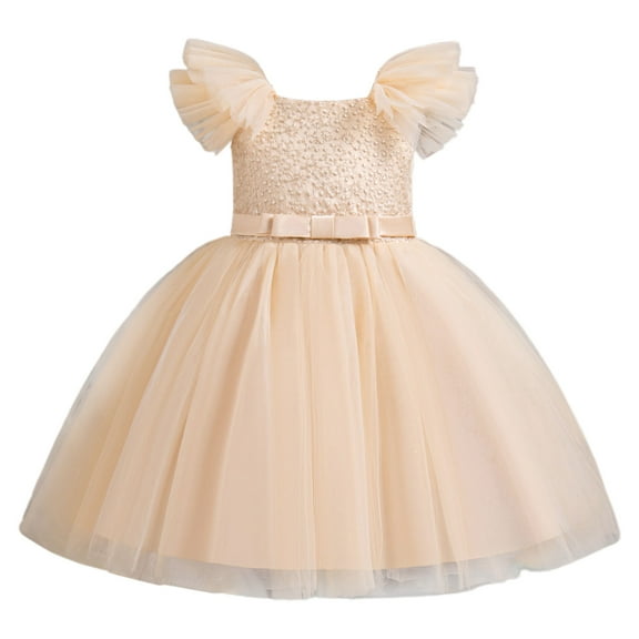 Toddler Dress Kids Pageant Party Bow Knot Fly Sleeve Solid Gown Dress Girls' Dresses Gold 5-6 Years