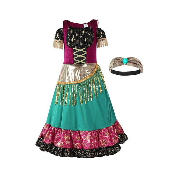 Toddler Dress Printed Roleplay Gypsy Short Sleeve Bohemia Shining Dress Headbands Dresses for Girls Red 4-6 Years