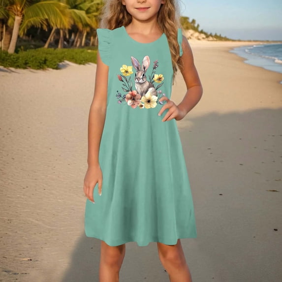 Toddler Dress Summer Ruffle Sleeve Sundress Outfit For Kids 4-14T Formal Dresses For Girls