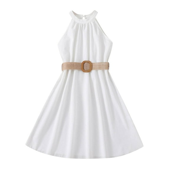 Toddler Dresses 8-9 Years Solid Color Hanging Neck Waist Collection Princess Fashion Outwear A Line White Sun Dress