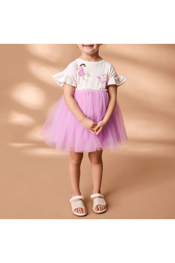 Toddler Dresses Cartoon Print Short Sleeve Tiered Swing Dress Casual Summer Midi Toddler Girl Dress Purple 2-3 Years