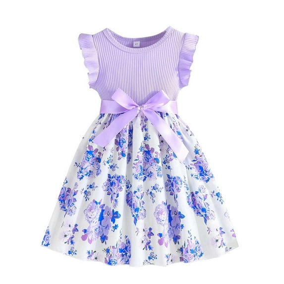 Toddler Dresses Codkkre Dress Flowers Bowknot Ruffle Sleeves A Line Summer Round Neck Girls Maxi Dress Purple 3 Years-4 Years