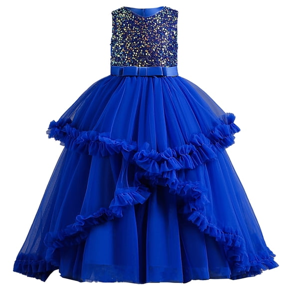 Toddler Dresses Dress Sleeveless Princess Dress Ruffled Mesh Dress Wedding Dress For Children Clothes Fashion Blue Party Dress For Kid 4 Years-5 Years