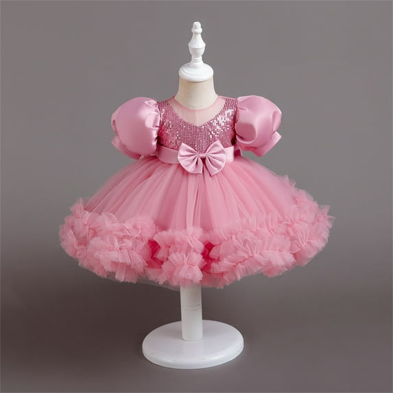 Toddler Dresses Flower Girl Dress Short Sleeve Tulle Dress Toddler Party Dress Girls Pink Dress for Girls Tulle Toddler Dress Toddler Birthday Dress 12-18 Months