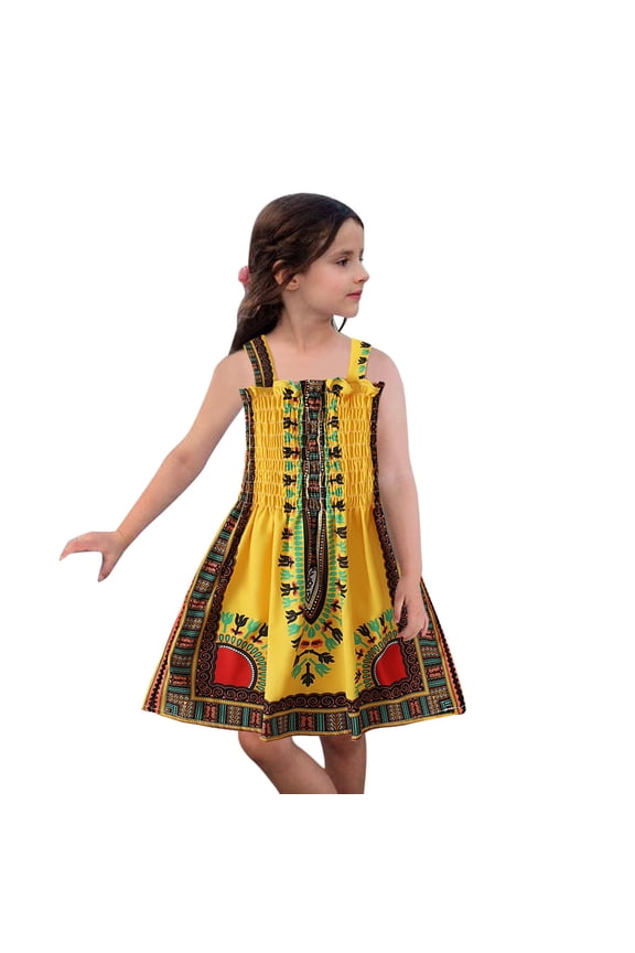Toddler Dresses Holiday Traditional Style Sleeveless Suspenders Ankara Beach Dresses for Kids,Yellow,110