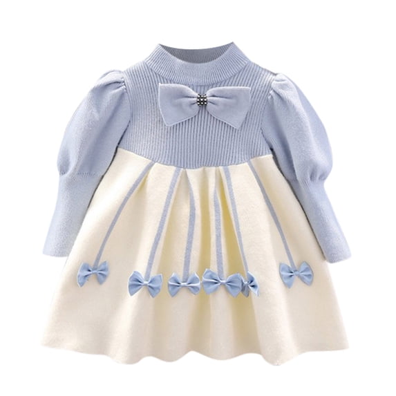 Toddler Dresses Kids Child Baby Long Sleeve Patchwork Bowknot Sweater Princess Dress Blue Elegant Kids Outfits 4 Years-5 Years
