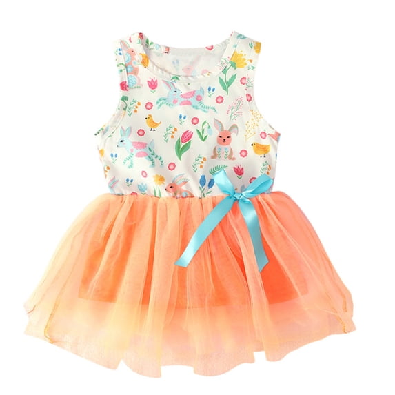 Toddler Dresses Kids Easter Bunny Print Sleeveless Above Knee Mini Tutu Dress Vest Style for Party and Holiday Celebrations Orange 12 Months-18 Months