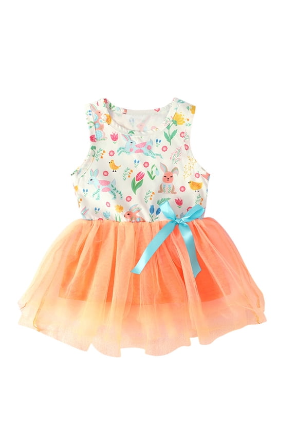 Toddler Dresses Kids Easter Bunny Print Sleeveless Above Knee Mini Tutu Dress Vest Style for Party and Holiday Celebrations Orange 12 Months-18 Months