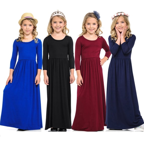 Toddler Dresses Kids Long Sleeve Solid A Line Long Dress Girls Dress Wine 6-7 Years