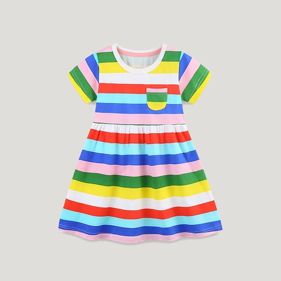 Toddler Dresses Kids Rainbow Stripe Print Short Sleeve Summer Dress Baby Girl Dress Multicolour 1-2 Years