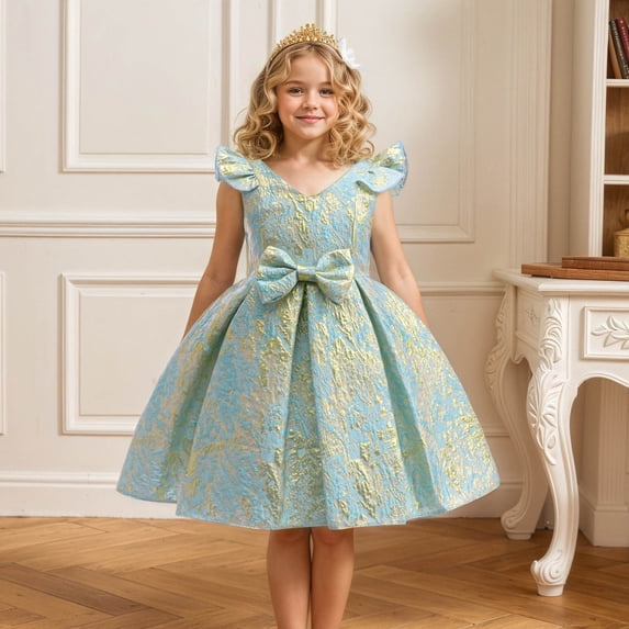 Toddler Dresses Kids Toddler Oil Jacquard Fancy Flutter Sleeve Princess Dress Flower Girl Evening Gowns Toddler Dress Blue 3 Years-4 Years
