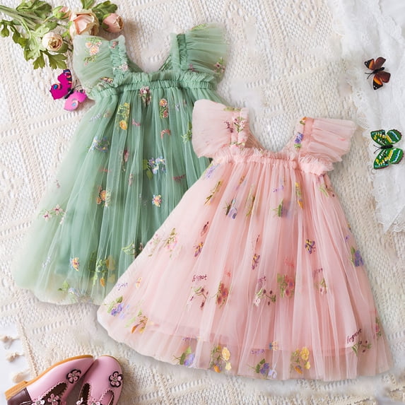 Toddler Dresses Sleeveless Embroidered Flowers Butterfly Wing Mesh Tutu Party Dress Toddler Girl Dress Green 2-3 Years