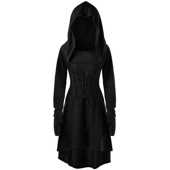 Toddler Dresses Hooded Robe Lace Up Vintage Pullover High Low Long Hoodie Dress Cloak For Big Girls Black Elegant Kids Outfits 14 Years-16 Years