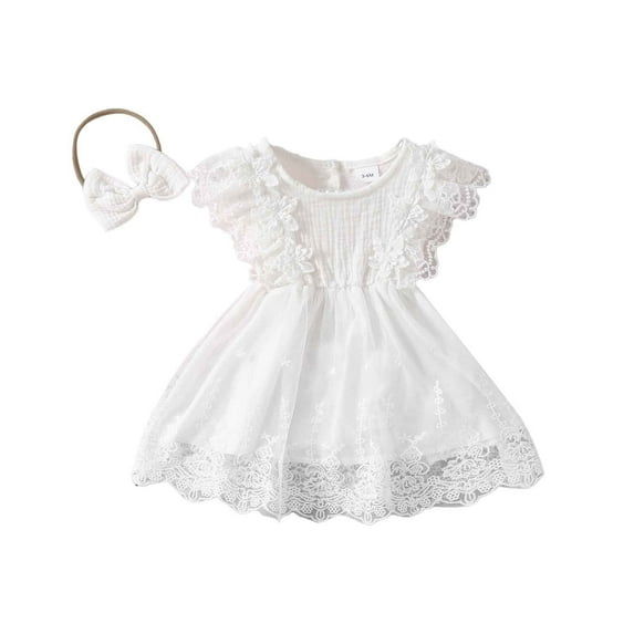 Toddler Dresses Toddler Baby Girls Summer Flutter Sleeve Holiday Party Mesh Princess Dress with Hairband Girls Dress White 9 Months-12 Months