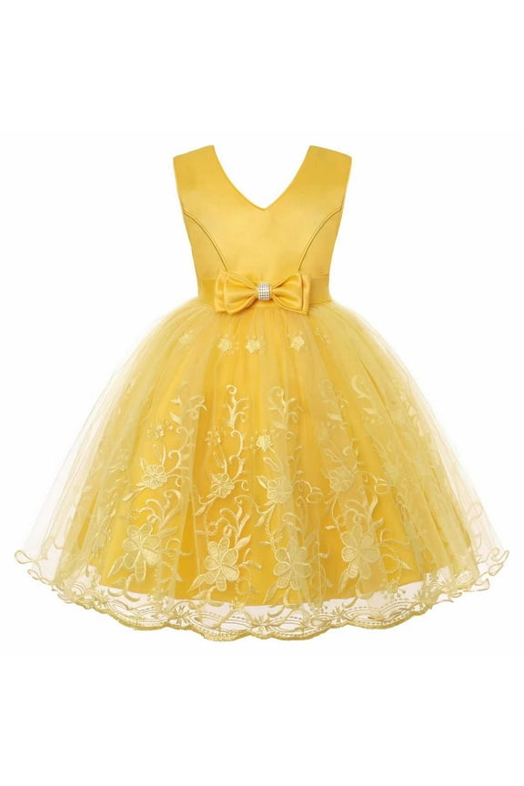 Toddler Dresses Wedding Pageant Embraoidered Princess Skirt Lace Lace Performance Dress Christmas Flower Lace Bridesmaid Dress Long Yellow Elegant Kids Outfits 9 Years-10 Years