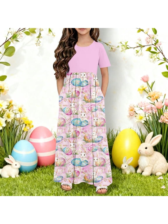 Toddler Easter Clothes Easter Bunny Egg Printed Short Sleeved Dress Printed Double Pocket Dress Casual Long Skirt 4-14Y Purple 11-12 Years