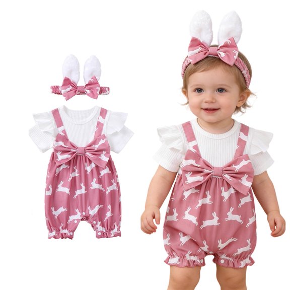 Toddler Easter Outfit Bunny Carrot Print Short Sleeve Romper with Bunny Ear Headband Baby Girl Clothes 9-12 Months