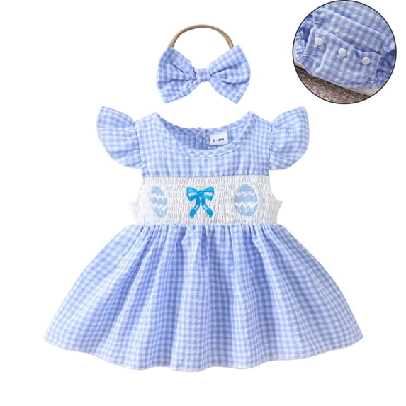 Toddler Easter Outfit Short Sleeve Bunny Embroidered Bodysuit Girls Romper Dress and and Headband Set Summer Outfit Baby Girl Outfit 12-18 Months