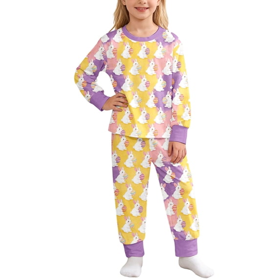 Toddler Easter Pajamas Long Sleeve Crewneck Pullover Top Pants Bunny Printed Girls Easter Outfit 2-3 Years