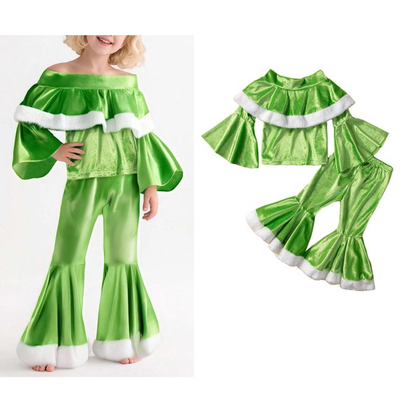 Toddler Elf Outfit Girl Long Sleeve Top Flare Pants Set Holiday Outfit Christmas Outfit for Girls Size 18-24 Months