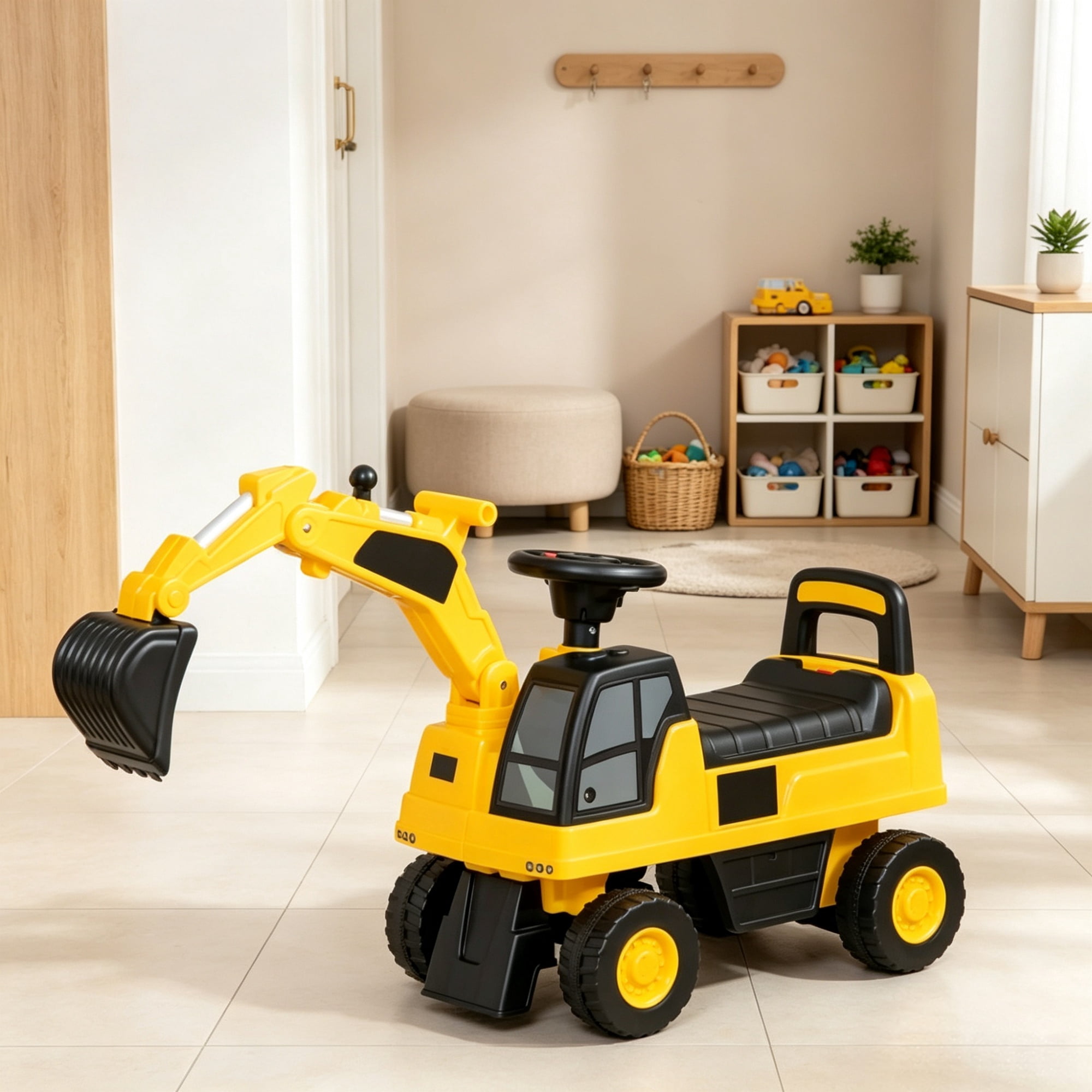 Toddler Excavator Toy, Anti-Tip Design, Manual Shovel, Horn, Hidden Storage, Yellow