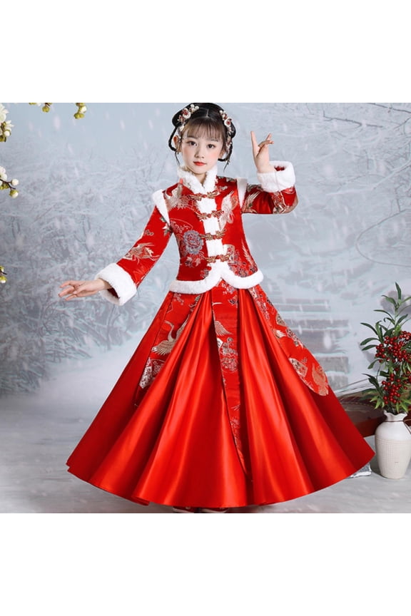 Toddler Fairy Long Sleeve Furry Hem Chinese Button Coat + Solid Color Skirts Embroidery Girl Chunjie Outfit