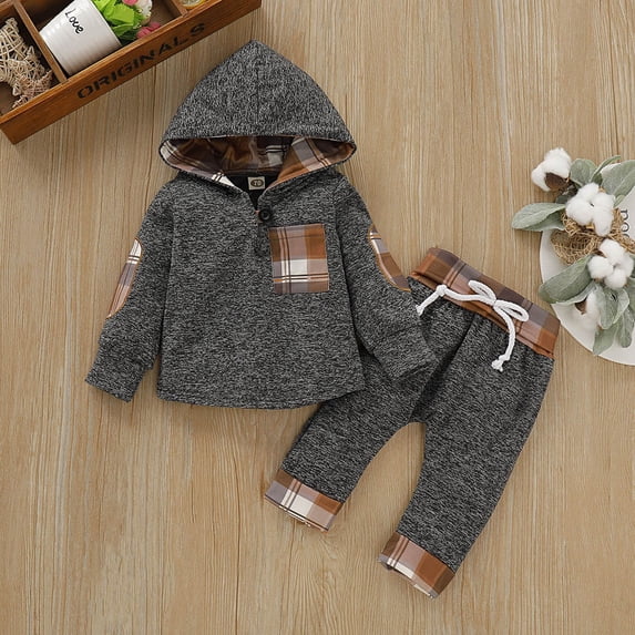 Toddler Fall Clothes Boys Sets 2Pcs Kids Boys Flannel Plaid Shirt Tops Pants Set Hoodie Sweatsuit for Fall Winter Spring Outfits 3-12 Years