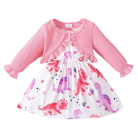 Toddler Fall Outfits Cardigan And Dress Dinosaur Floral Print Sleeveless Tank Dress Long Sleeve 2Pcs Outfits Baby Boy's Clothing Pink 12 Months-18 Months